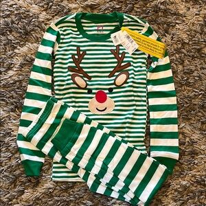 Green and White Striped Reindeer Kids Pajamas